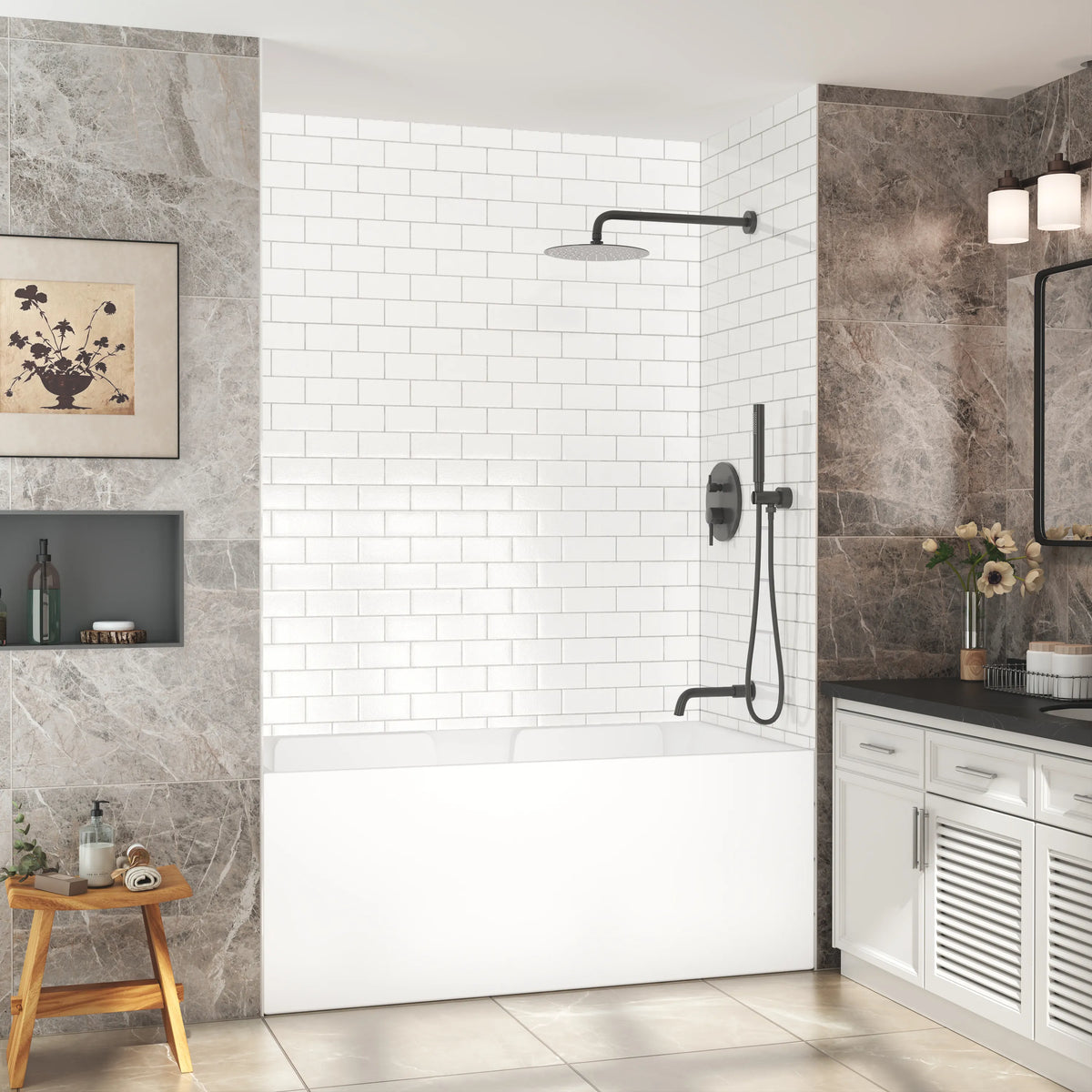 60"x32"x96" Matte/Glossy Surface SMC Shower Wall Panel Kit with Small Subway Tile Pattern