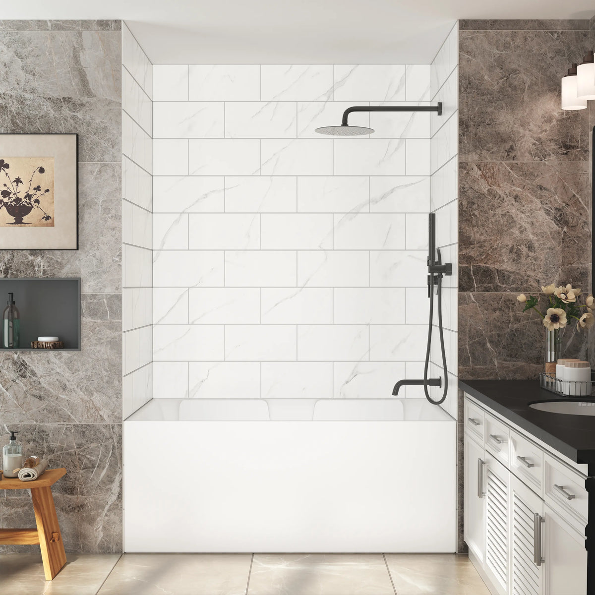 60"x36"/48"x96" Medium Tile Pattern SMC Shower Wall Panel System in 4 Finishes