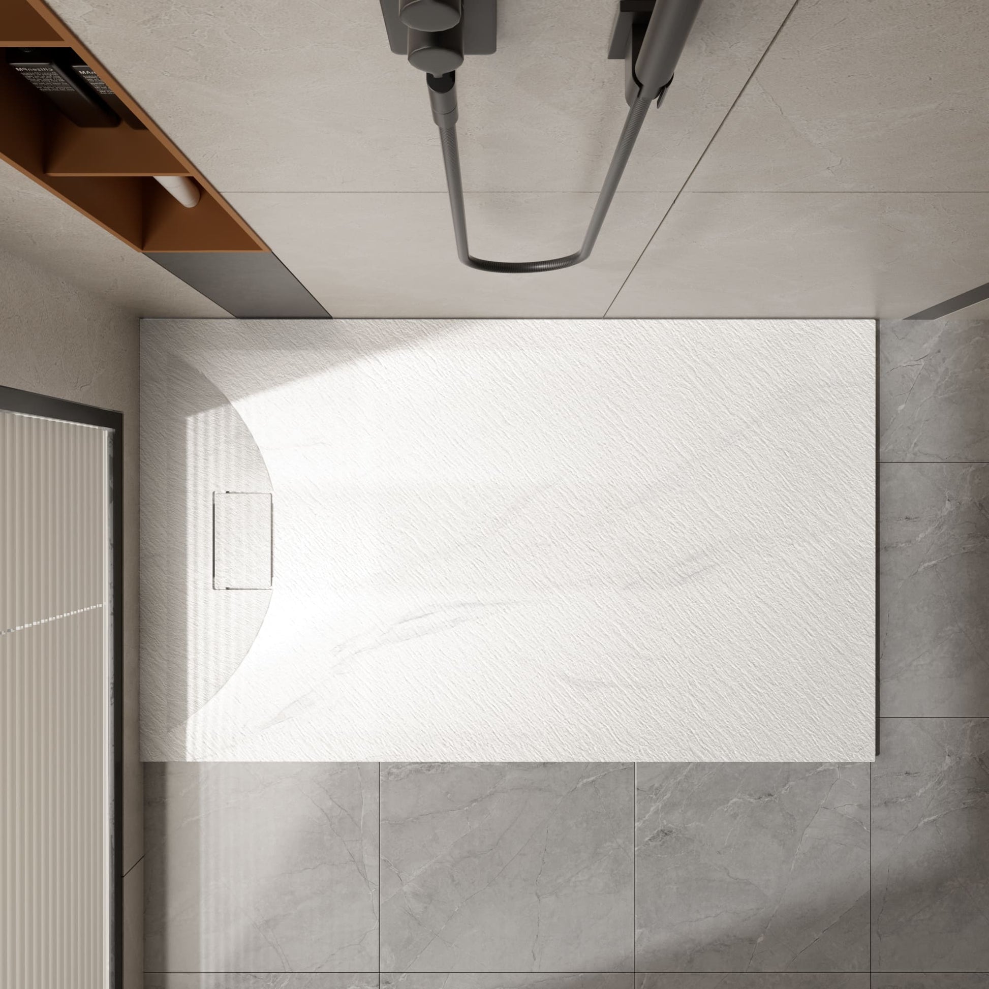 Curbless SMC Shower Base with Flamed Rock Slip-Resistant Surface, Reversible Drain