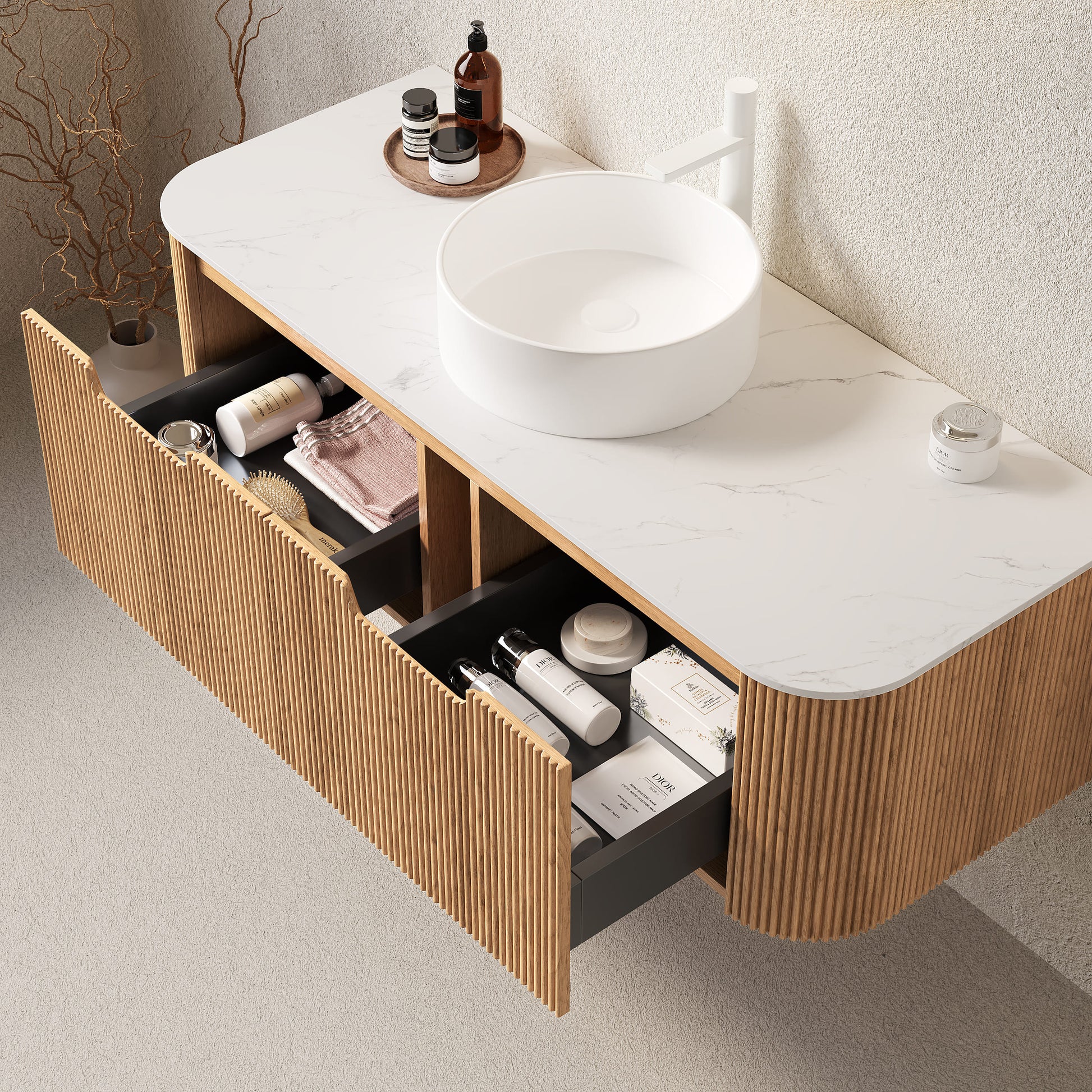 Floating Bathroom Vanity with Curved Edges, Fluted Drawer Fronts, Carrara Sintered Stone Top and Round Ceramic Vessel Sink, Natural Woodgrain / Dark Walnut