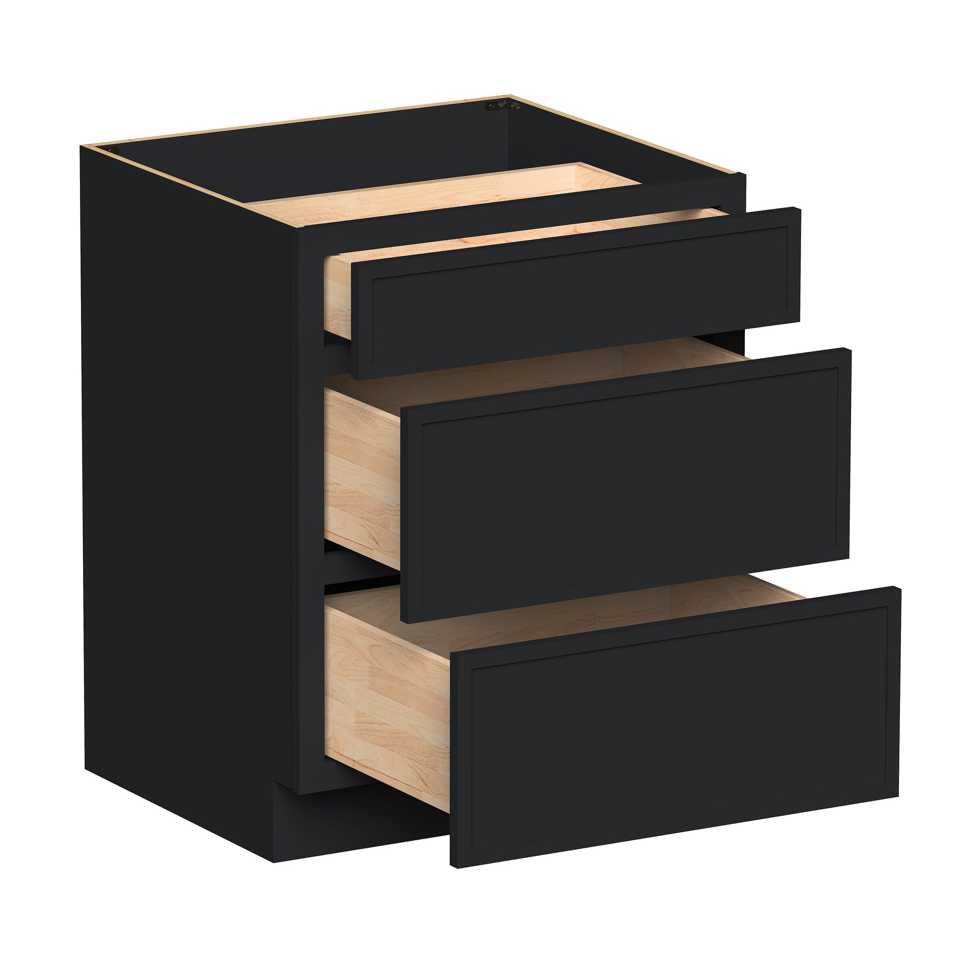 Slim Ebony Black Shaker RTA 12"-36"W x 34.5"H x 24"D 9-Size Drawer Base Cabinet with 3 Drawers