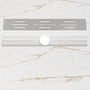 White/Calacatta Curbless SMC Shower Base with Flamed Rock Slip-Resistant Surface, Center Drain