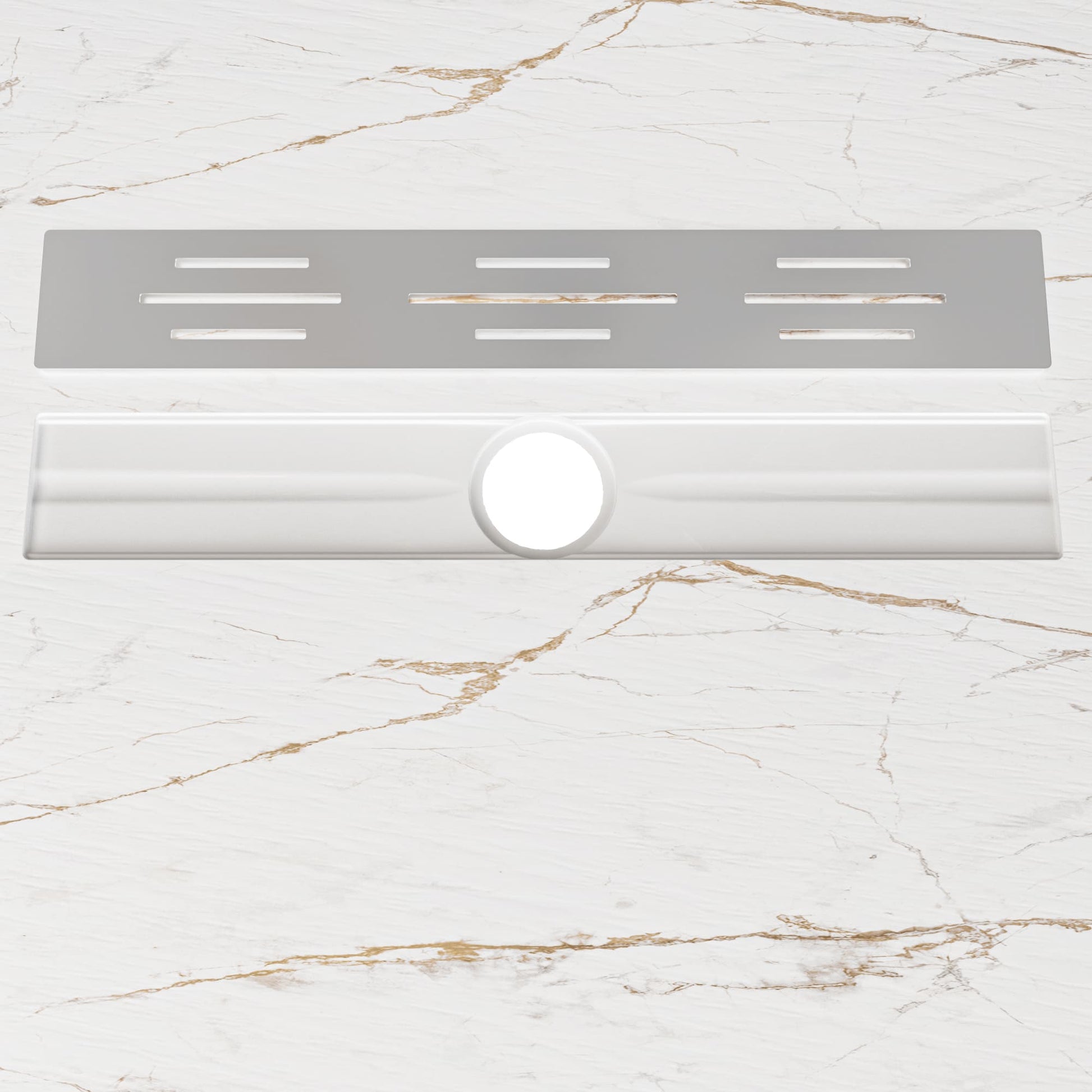 White/Calacatta Curbless SMC Shower Base with Flamed Rock Slip-Resistant Surface, Center Drain