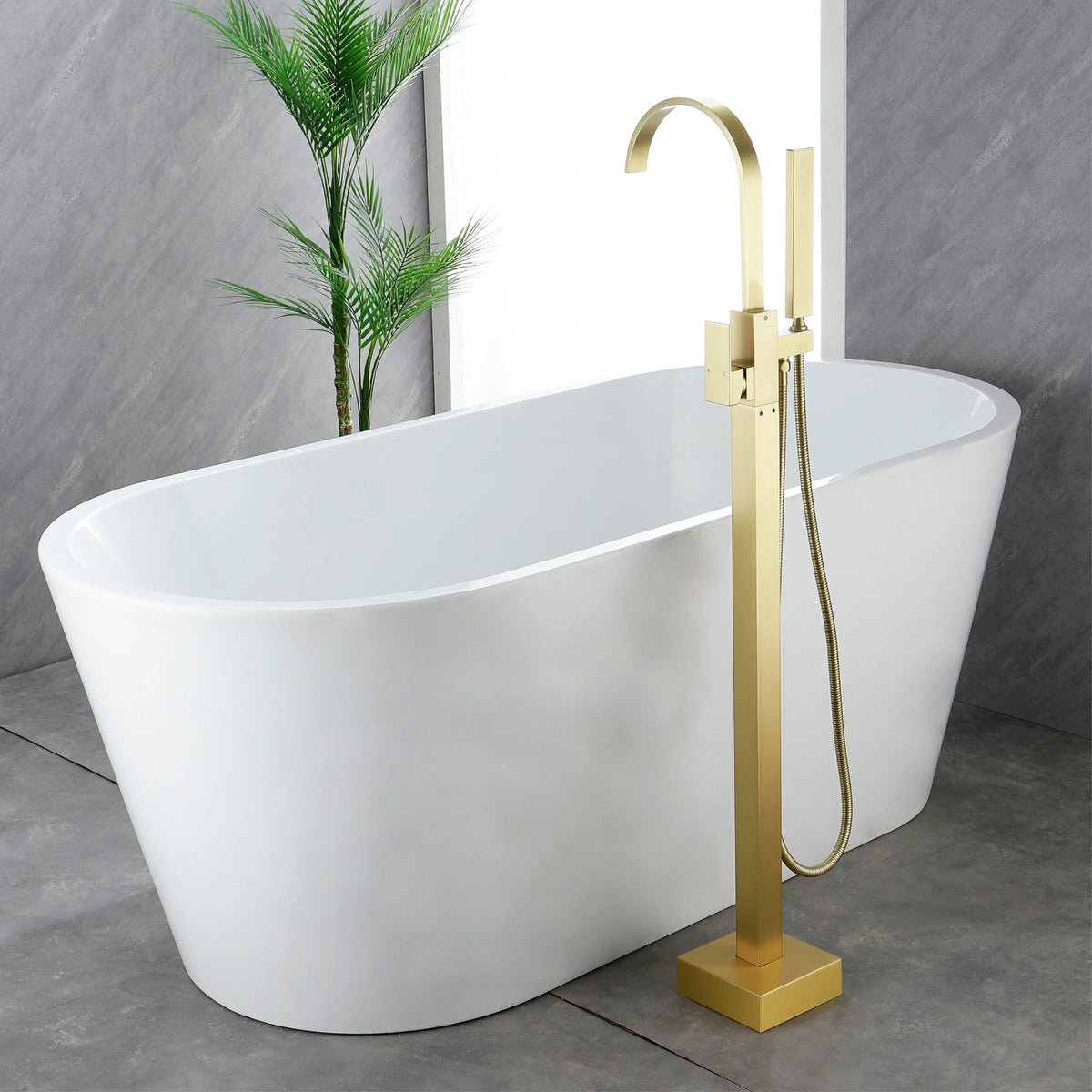 360° Swivel Waterfall Freestanding Bathtub Faucet with Hand Shower in Brushed Gold