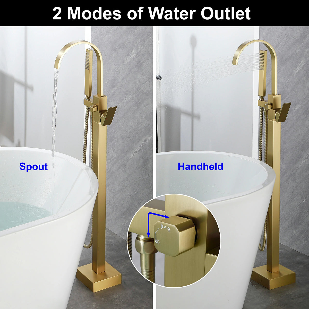 360° Swivel Waterfall Freestanding Bathtub Faucet with Hand Shower in Brushed Gold
