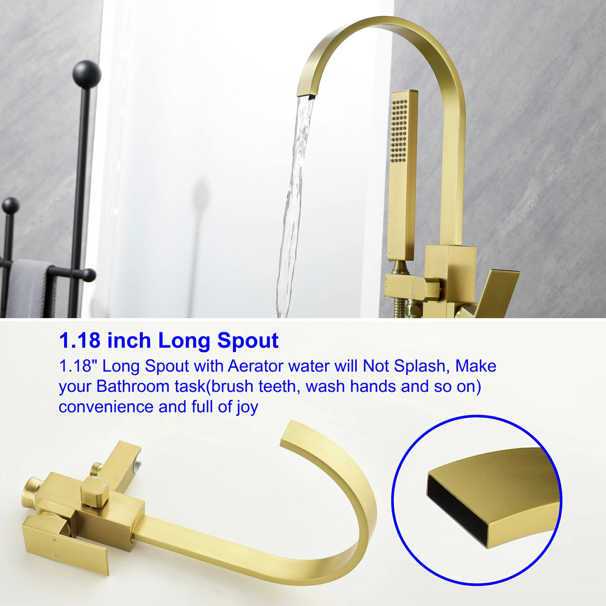 360° Swivel Waterfall Freestanding Bathtub Faucet with Hand Shower in Brushed Gold
