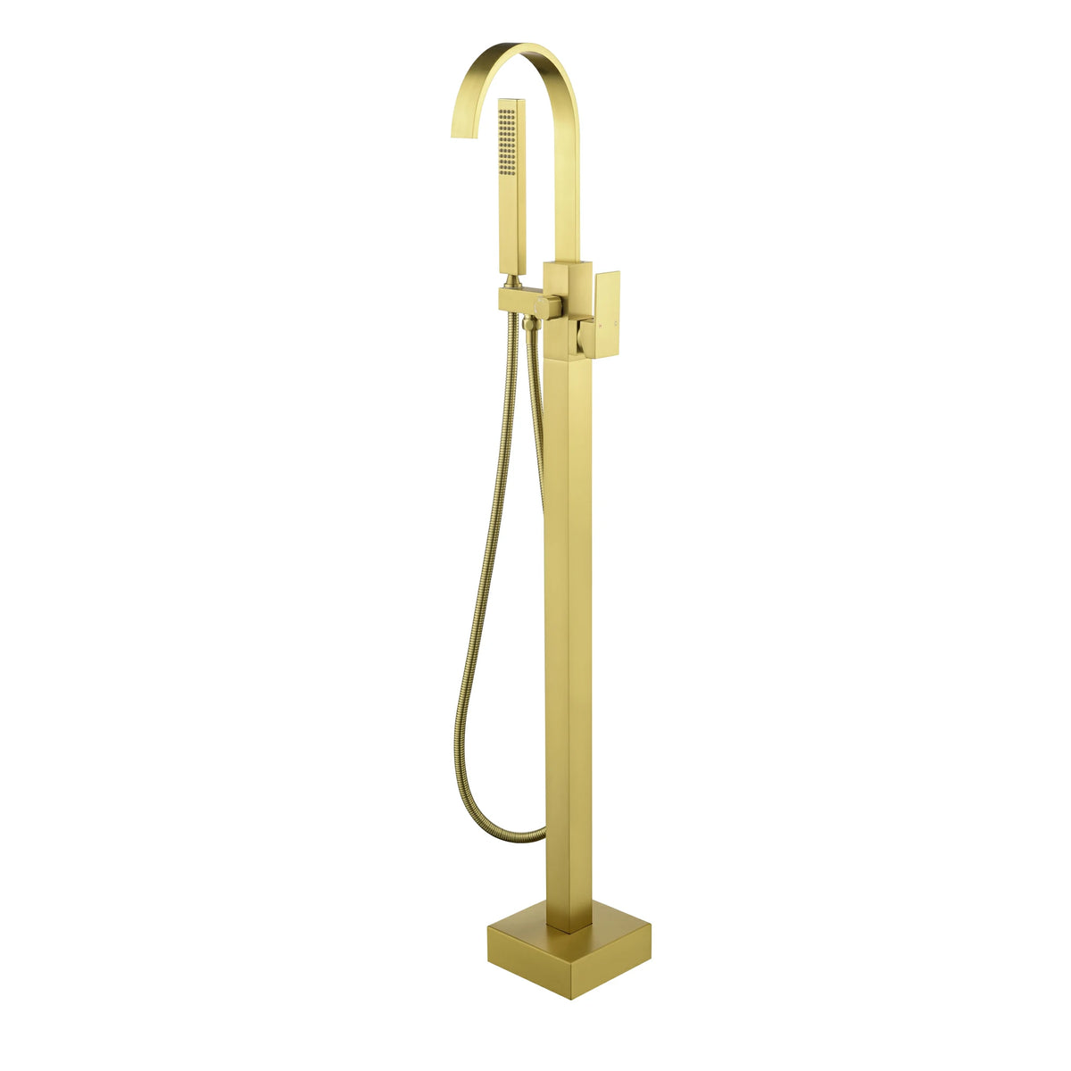 360° Swivel Waterfall Freestanding Bathtub Faucet with Hand Shower in Brushed Gold