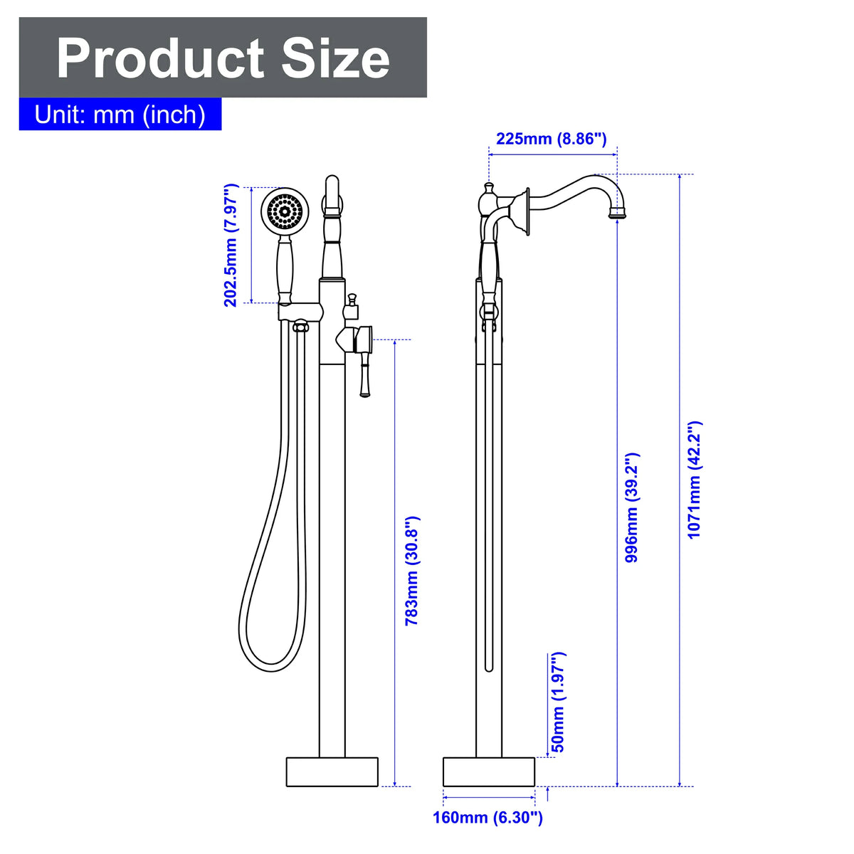 360° Swivel Waterfall Freestanding Bathtub Faucet with Hand Shower in Brushed Gold