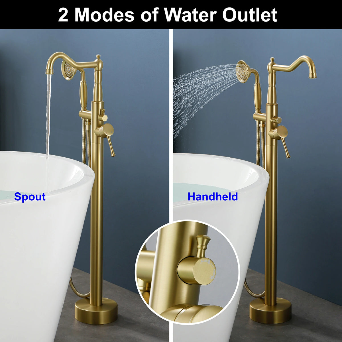 360° Swivel Waterfall Freestanding Bathtub Faucet with Hand Shower in Brushed Gold