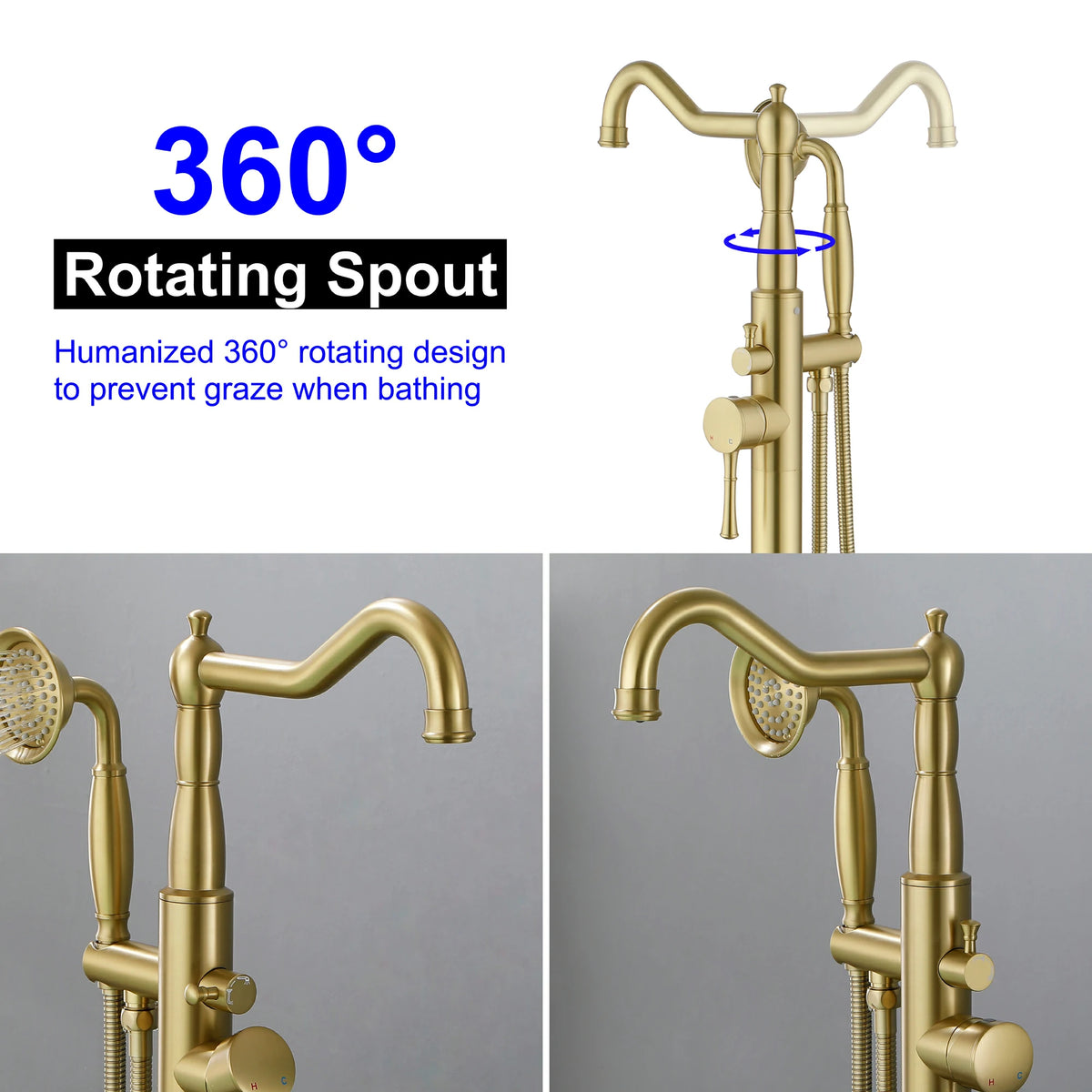 360° Swivel Waterfall Freestanding Bathtub Faucet with Hand Shower in Brushed Gold