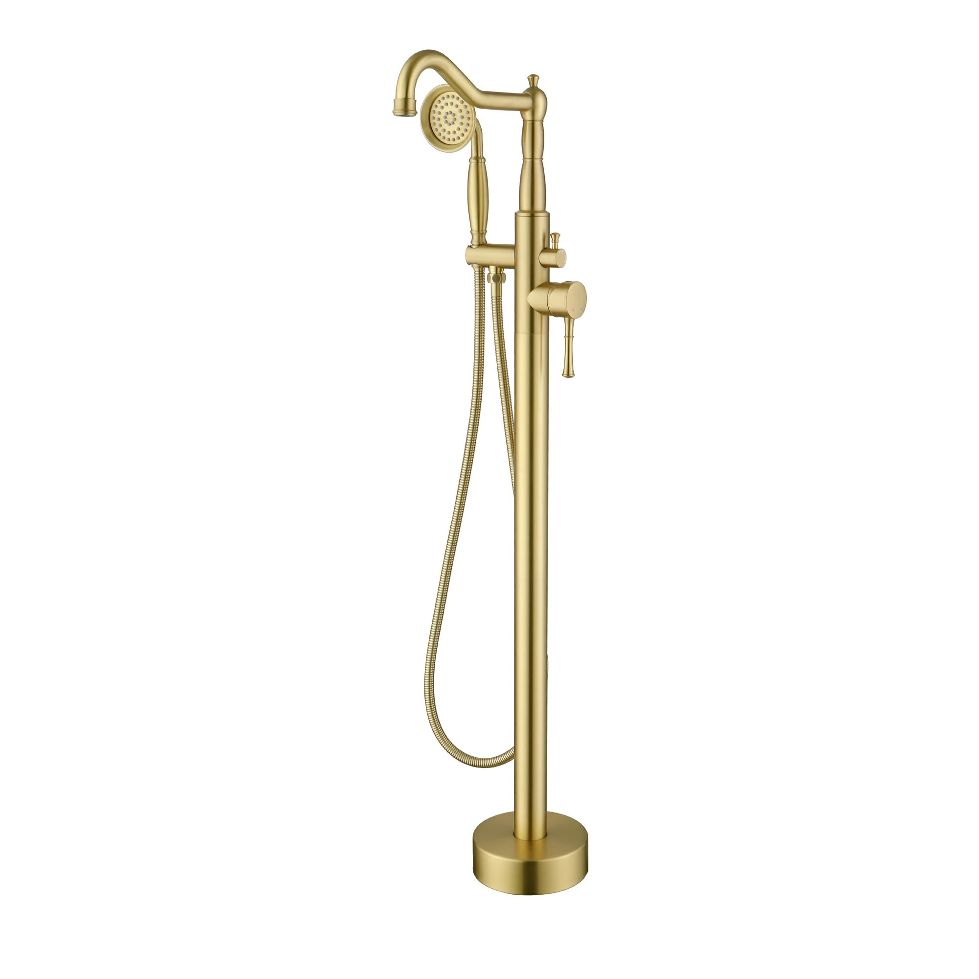 360° Swivel Waterfall Freestanding Bathtub Faucet with Hand Shower in Brushed Gold