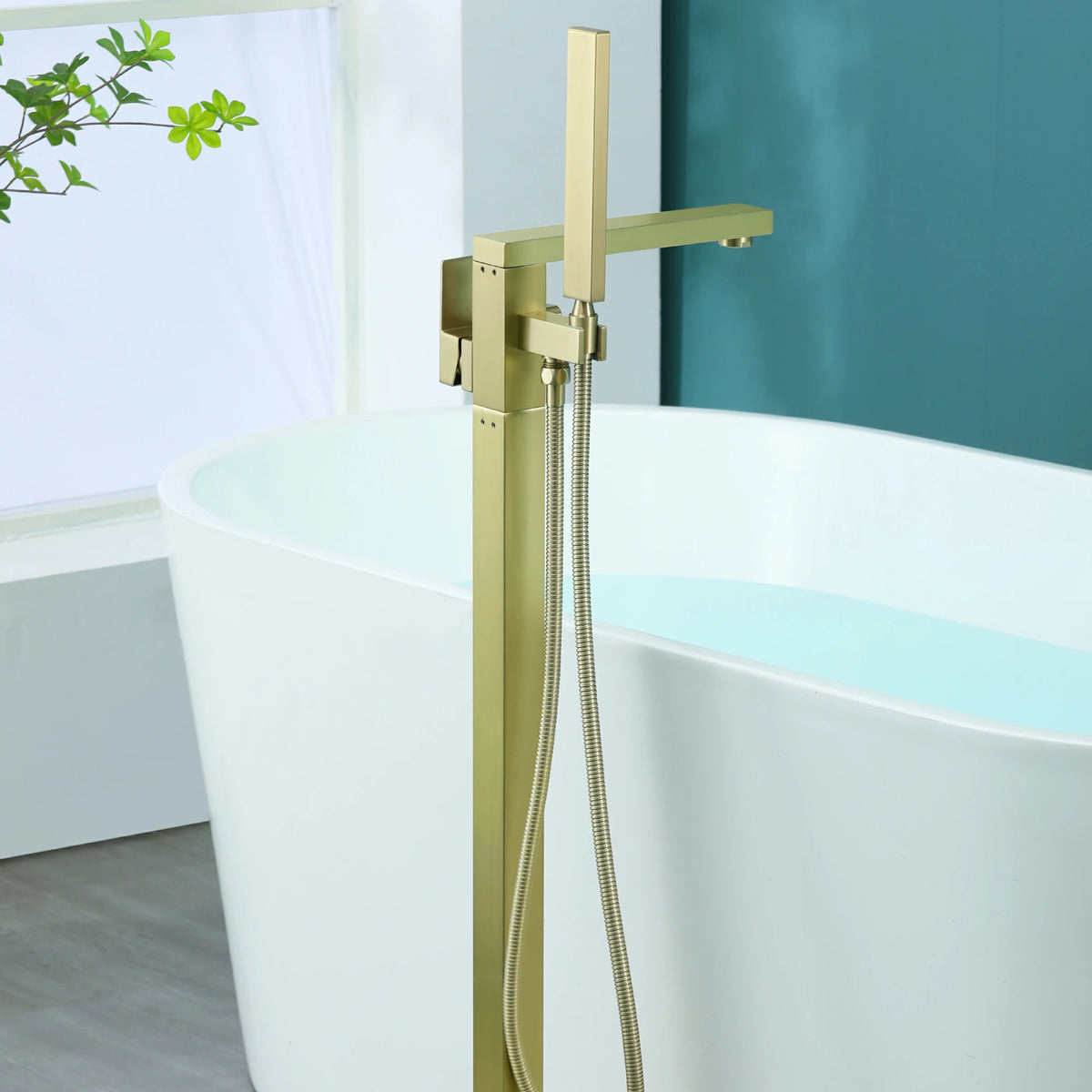 Aerated Spout Freestanding Bathtub Faucet with Hand Shower in Brushed Gold