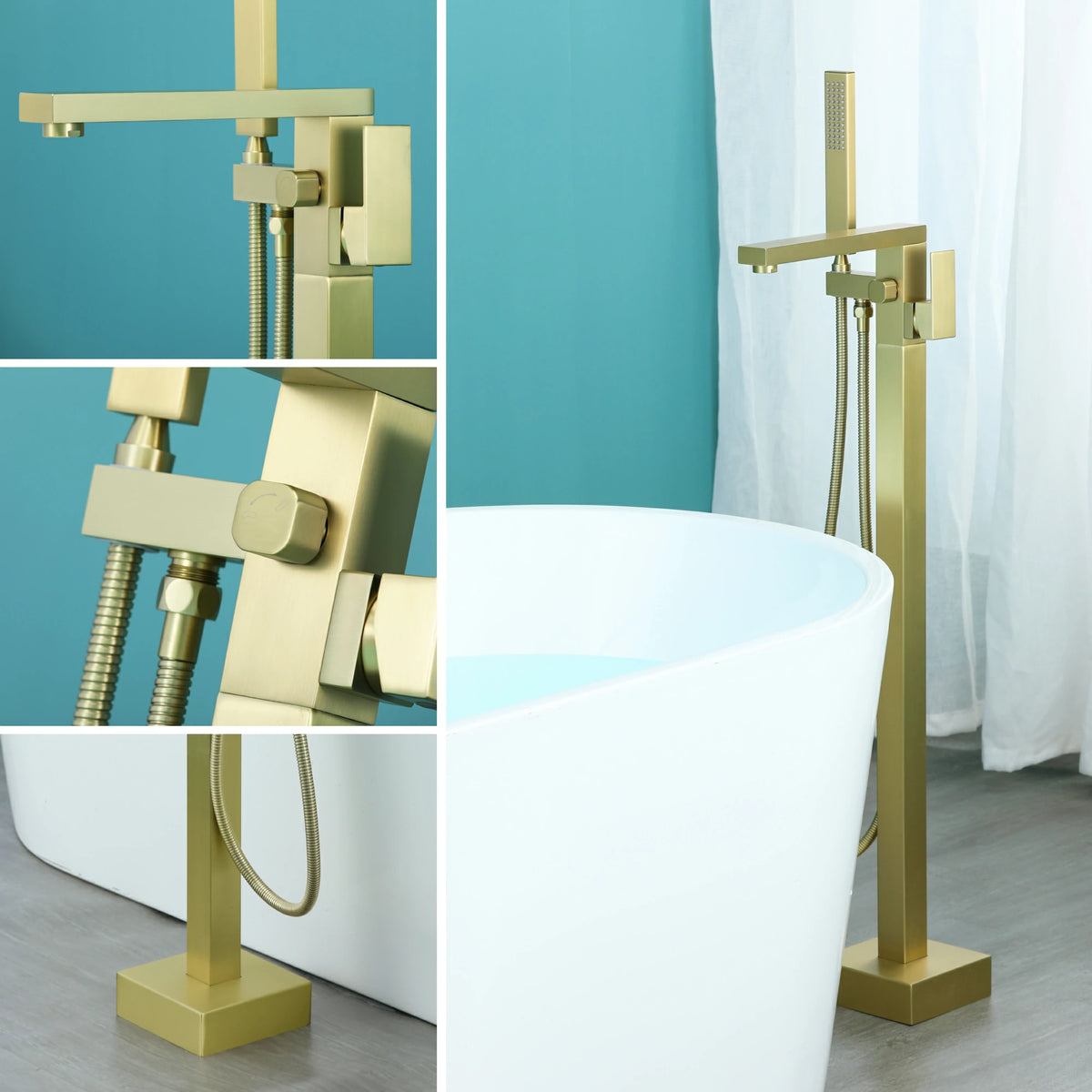 Aerated Spout Freestanding Bathtub Faucet with Hand Shower in Brushed Gold