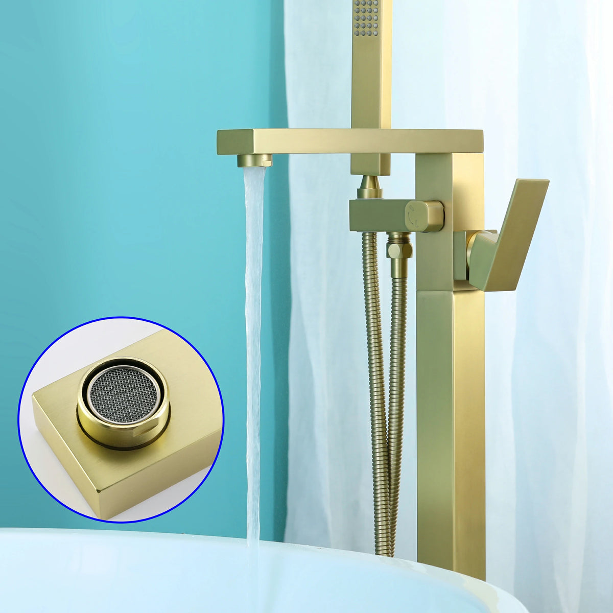 Aerated Spout Freestanding Bathtub Faucet with Hand Shower in Brushed Gold