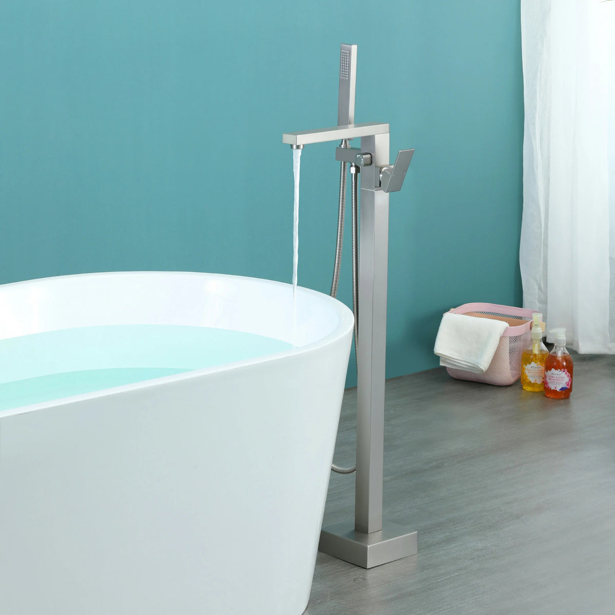 Aerated Spout Freestanding Bathtub Faucet with Hand Shower in Brushed Nickel