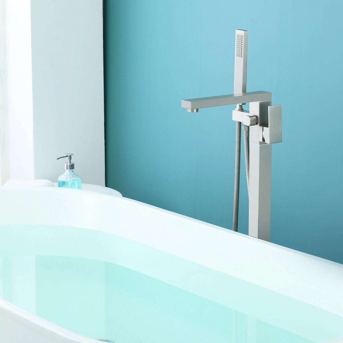 Aerated Spout Freestanding Bathtub Faucet with Hand Shower in Brushed Nickel