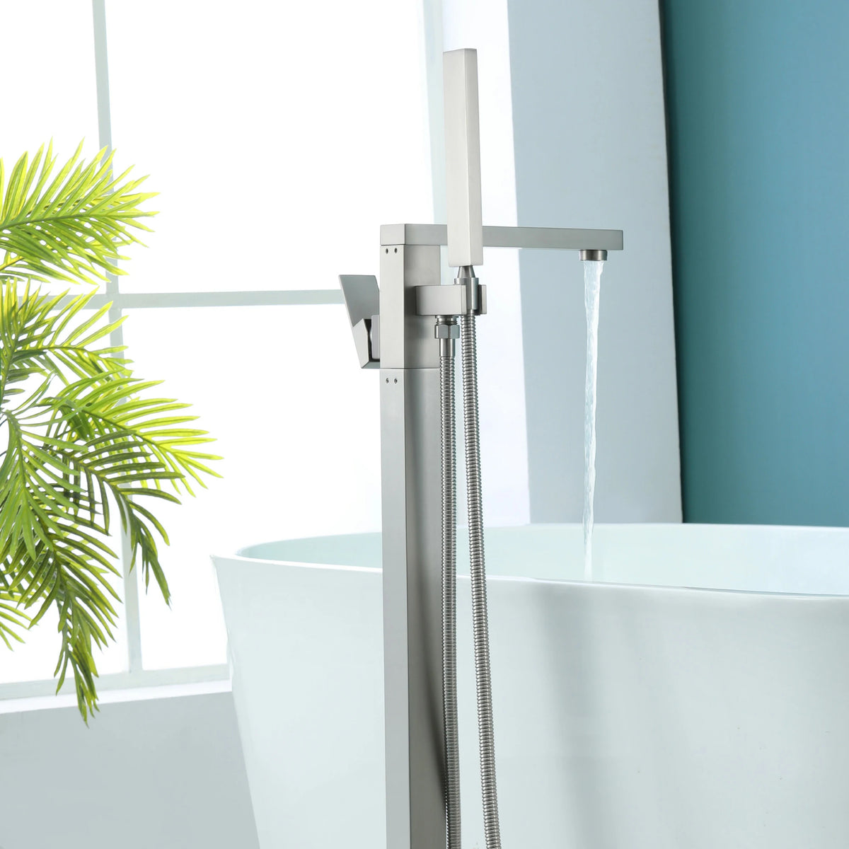 Aerated Spout Freestanding Bathtub Faucet with Hand Shower in Brushed Nickel