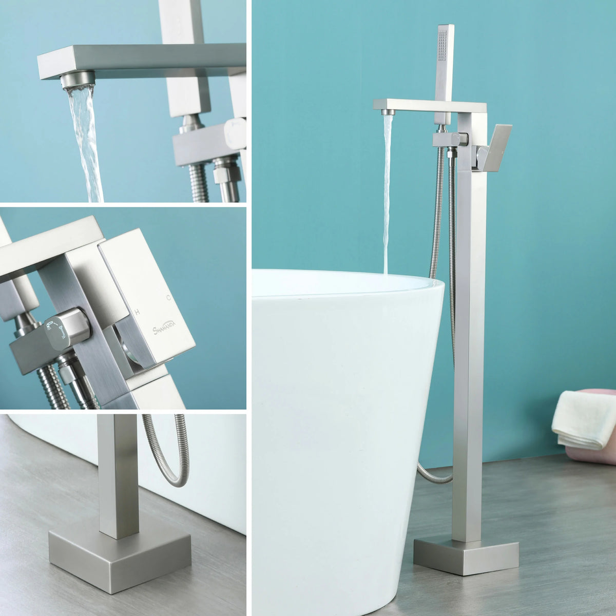 Aerated Spout Freestanding Bathtub Faucet with Hand Shower in Brushed Nickel