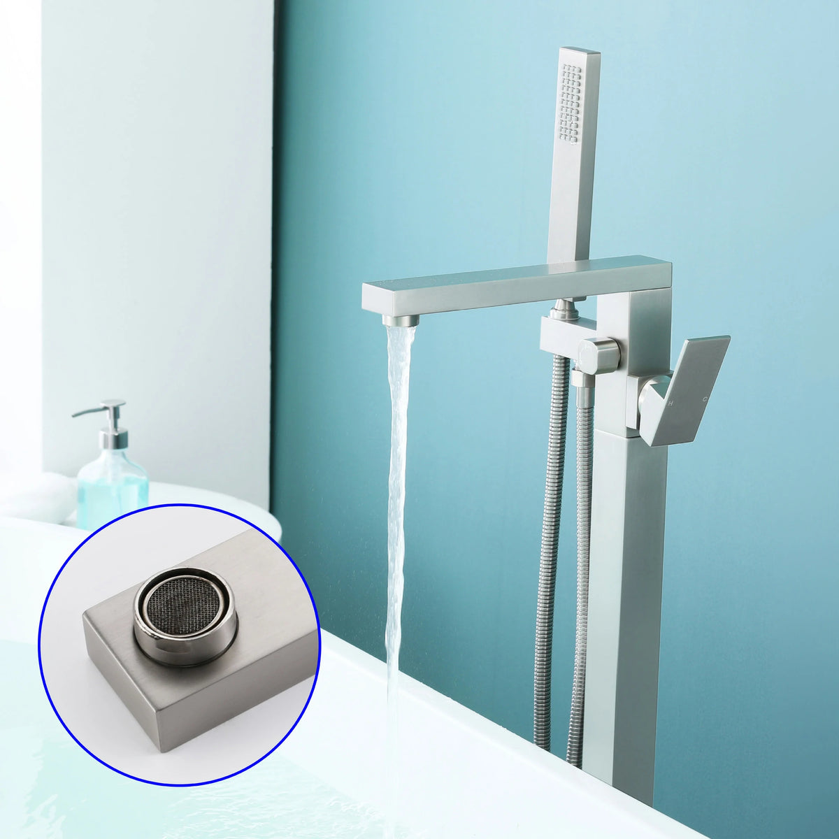Aerated Spout Freestanding Bathtub Faucet with Hand Shower in Brushed Nickel