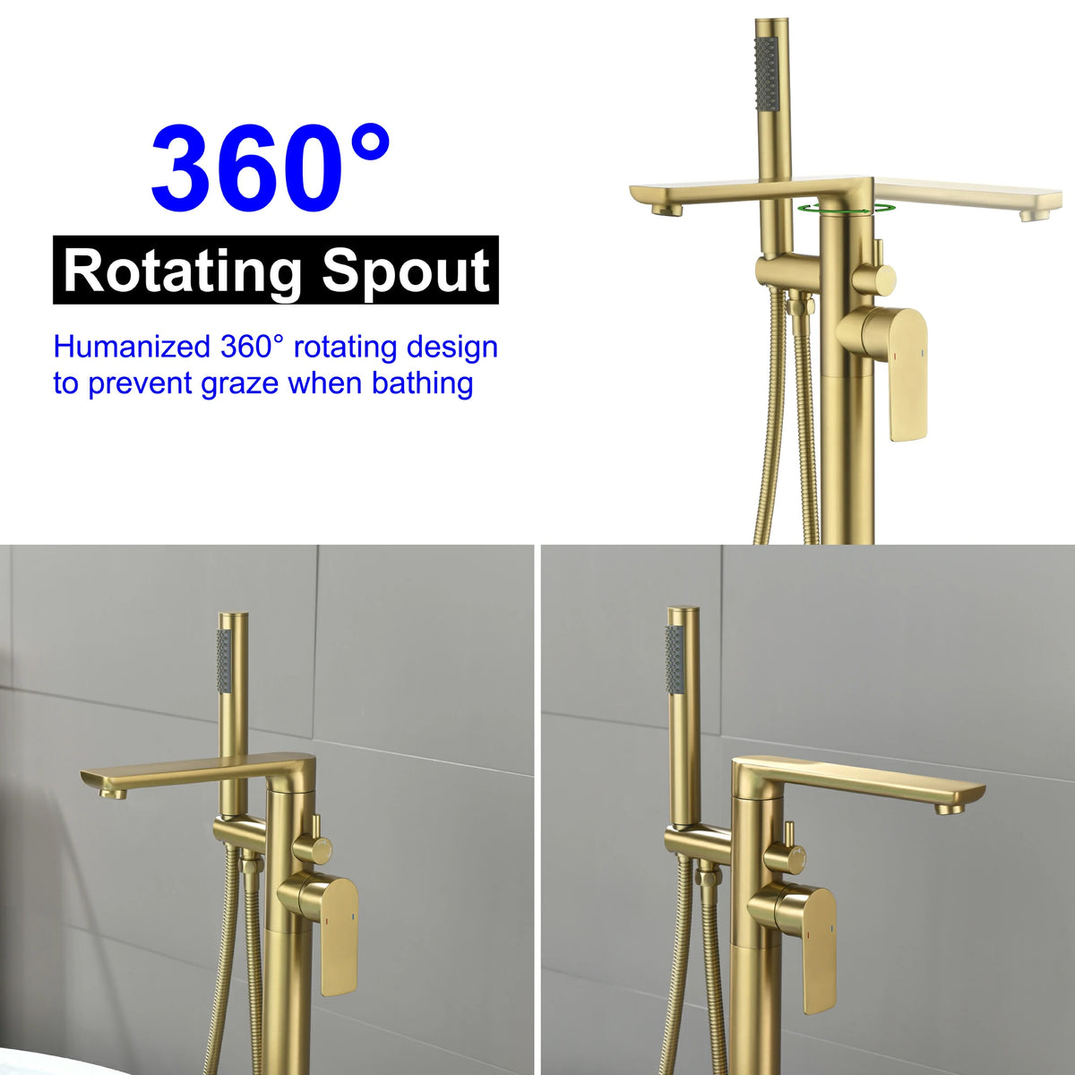 360° Swivel Aerated Spout Freestanding Bathtub Faucet with Hand Shower in Brushed Gold