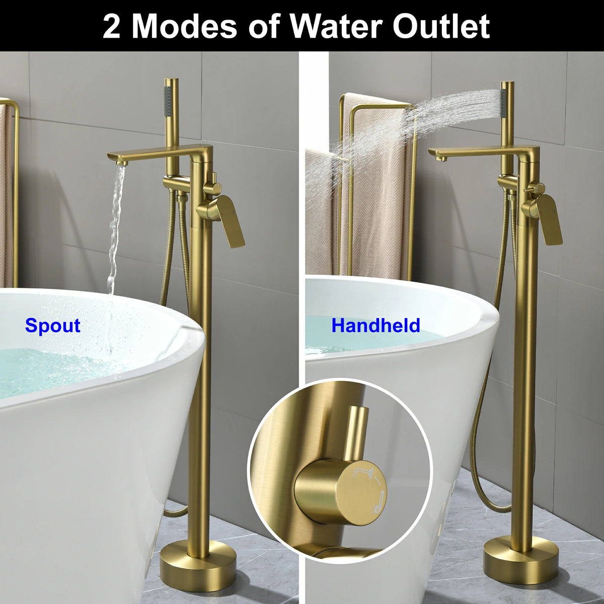 360° Swivel Aerated Spout Freestanding Bathtub Faucet with Hand Shower in Brushed Gold