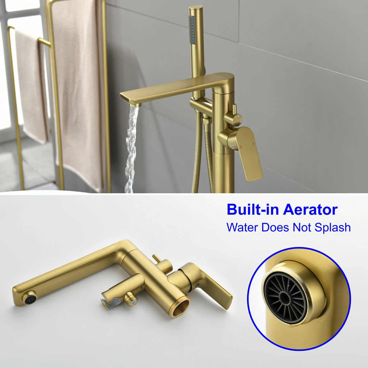 360° Swivel Aerated Spout Freestanding Bathtub Faucet with Hand Shower in Brushed Gold