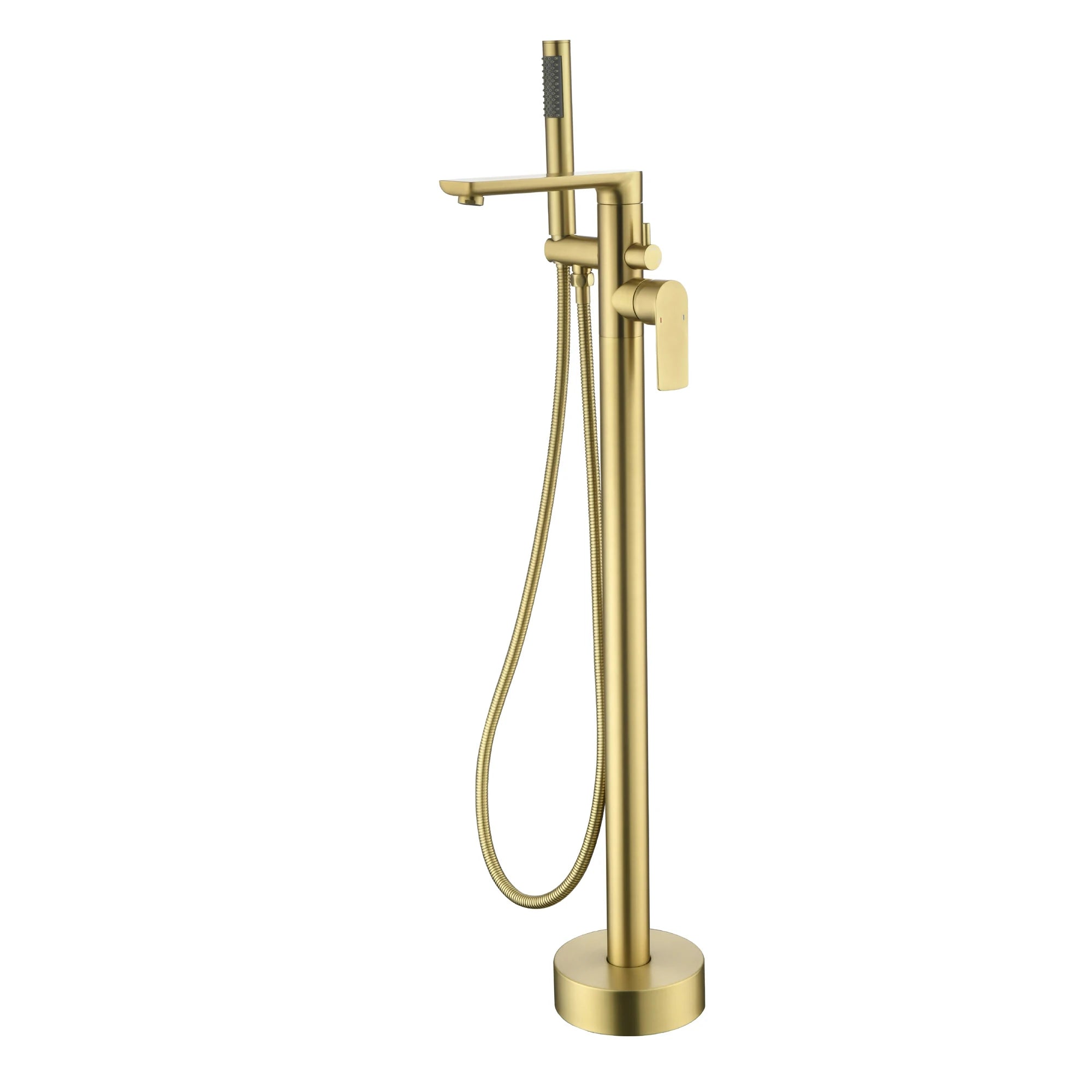 360° Swivel Aerated Spout Freestanding Bathtub Faucet with Hand Shower in Brushed Gold