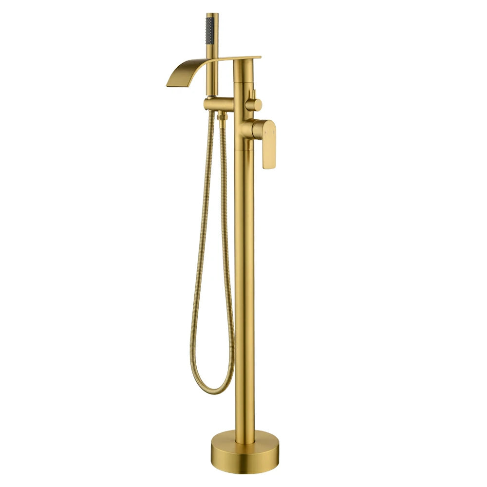 360° Swivel Waterfall Freestanding Bathtub Faucet with Hand Shower in Brushed Gold