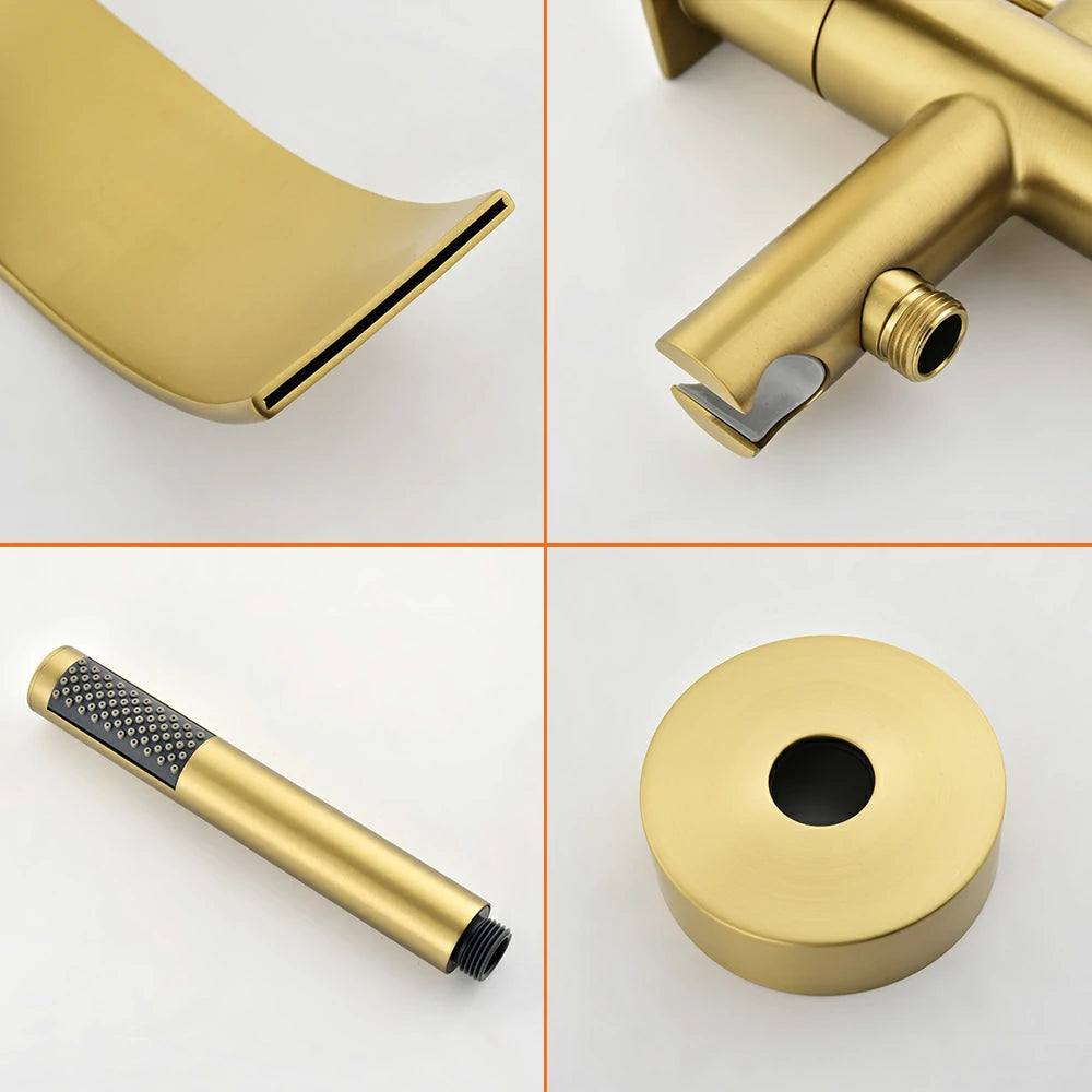 360° Swivel Waterfall Freestanding Bathtub Faucet with Hand Shower in Brushed Gold
