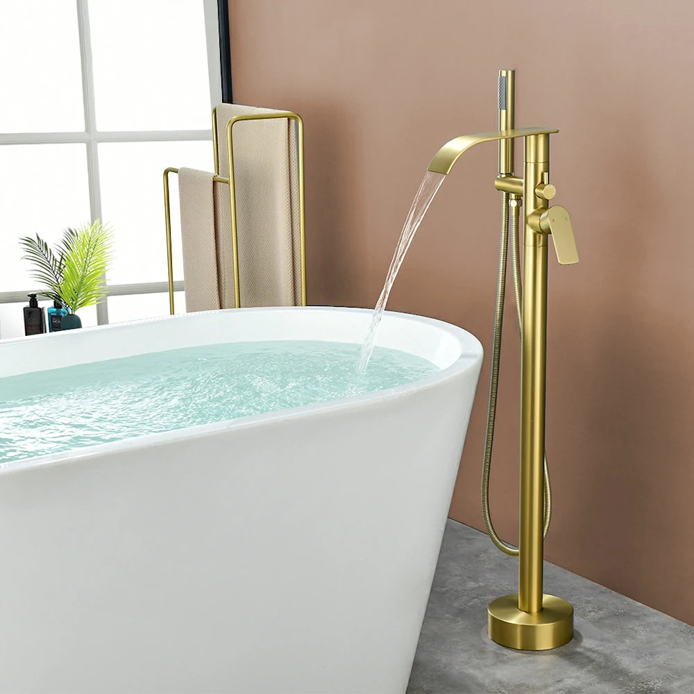 360° Swivel Waterfall Freestanding Bathtub Faucet with Hand Shower in Brushed Gold