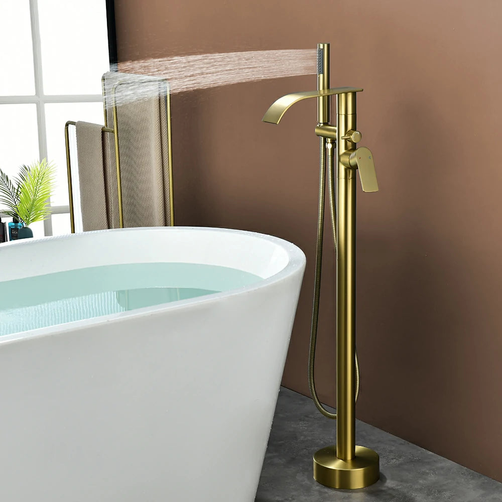 360° Swivel Waterfall Freestanding Bathtub Faucet with Hand Shower in Brushed Gold