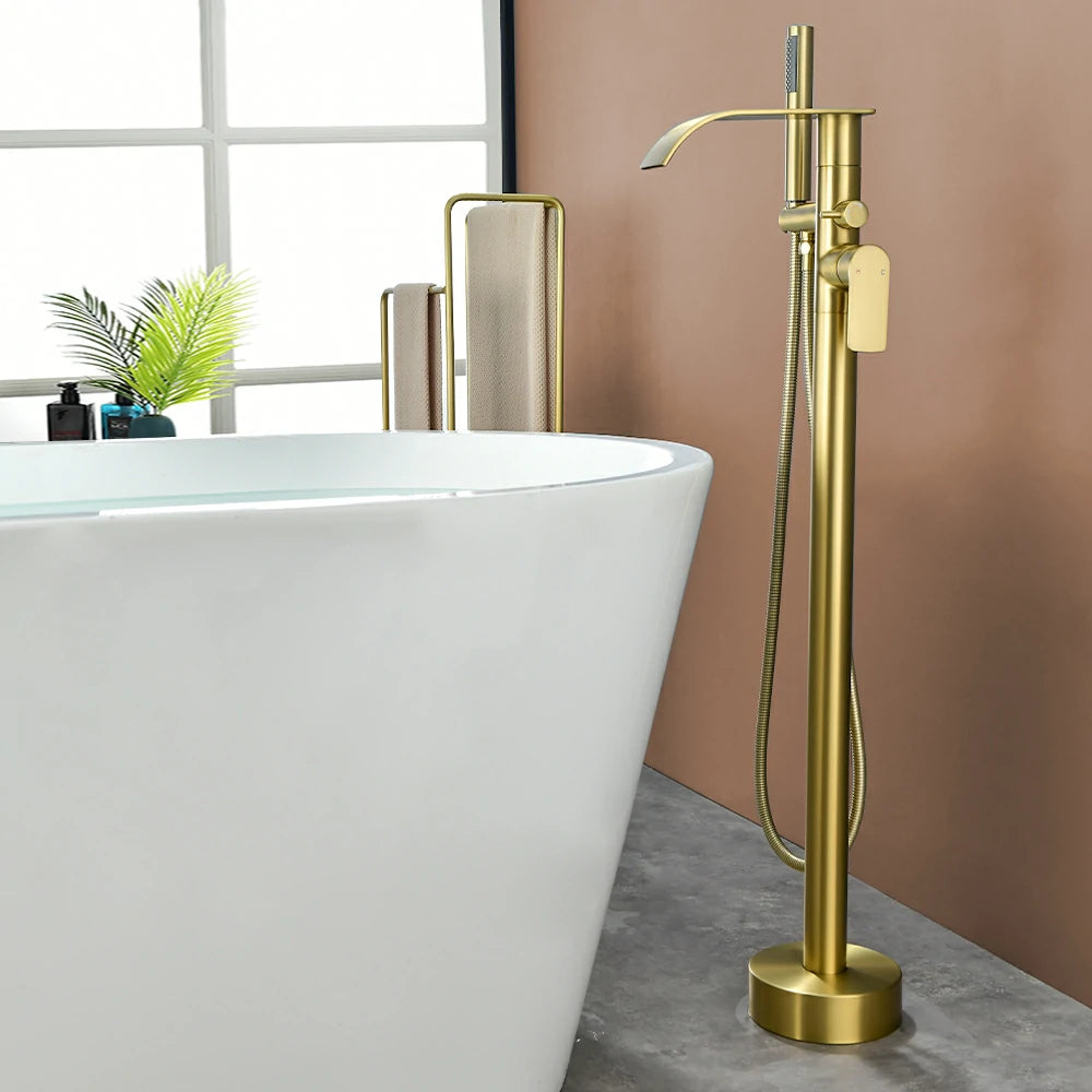 360° Swivel Waterfall Freestanding Bathtub Faucet with Hand Shower in Brushed Gold