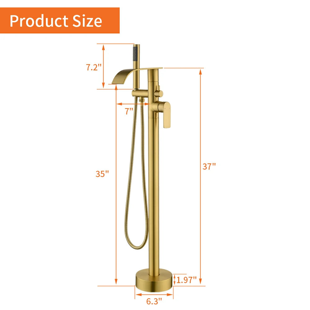 360° Swivel Waterfall Freestanding Bathtub Faucet with Hand Shower in Brushed Gold