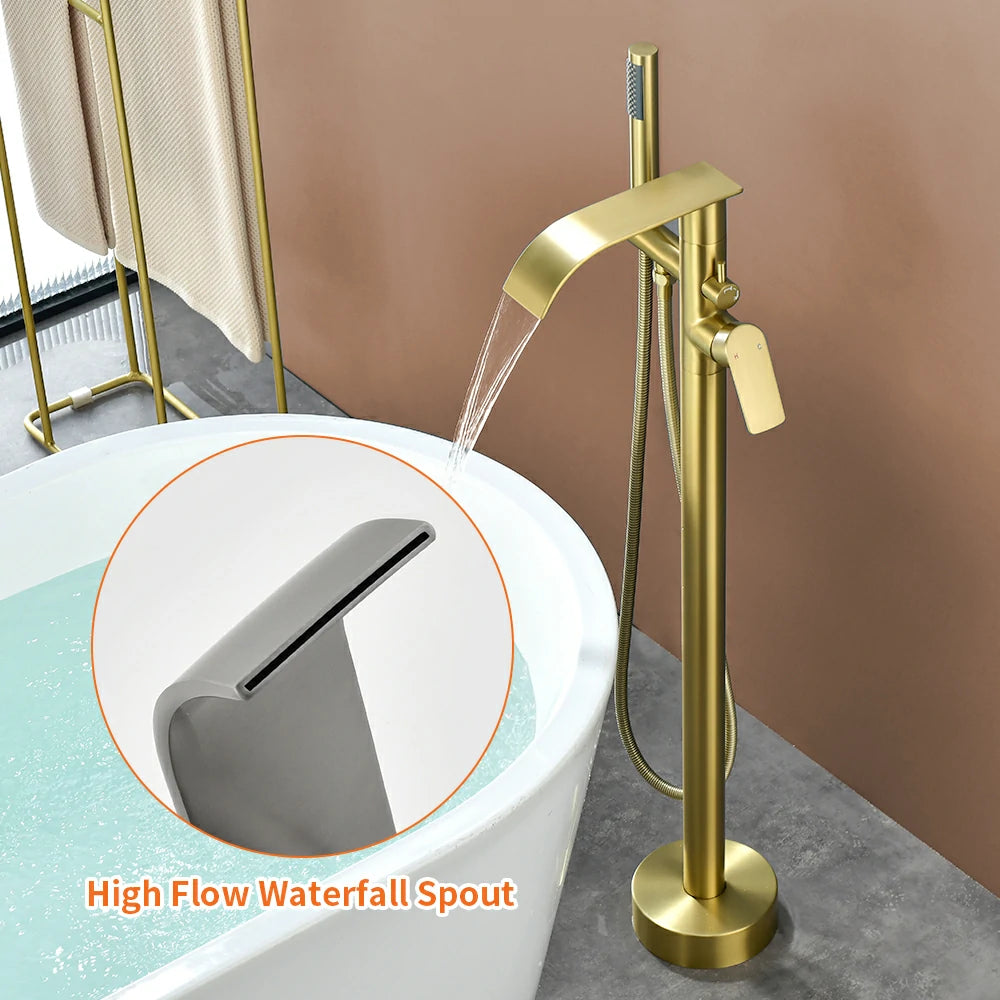 360° Swivel Waterfall Freestanding Bathtub Faucet with Hand Shower in Brushed Gold