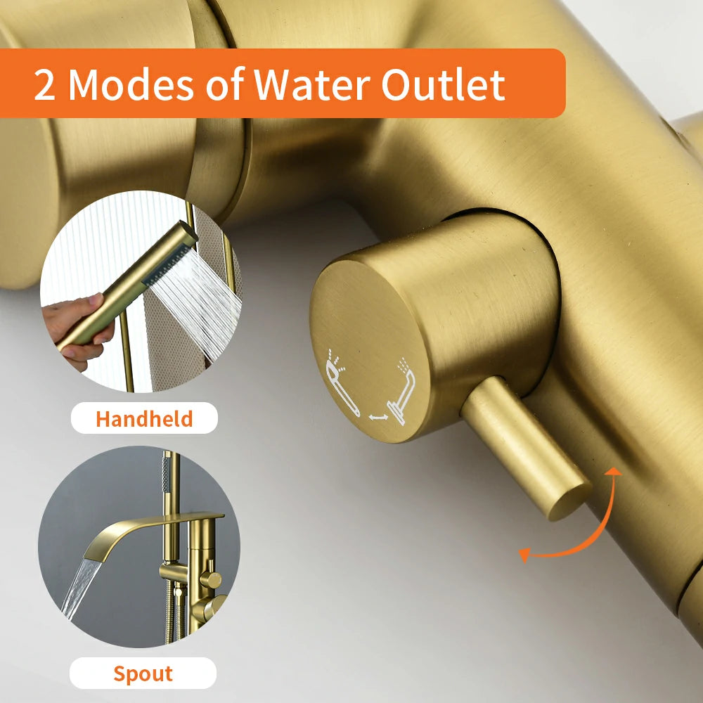 360° Swivel Waterfall Freestanding Bathtub Faucet with Hand Shower in Brushed Gold