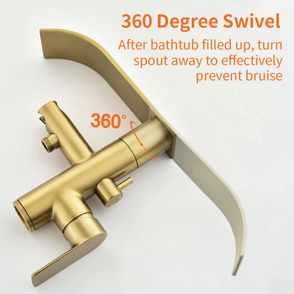 360° Swivel Waterfall Freestanding Bathtub Faucet with Hand Shower in Brushed Gold