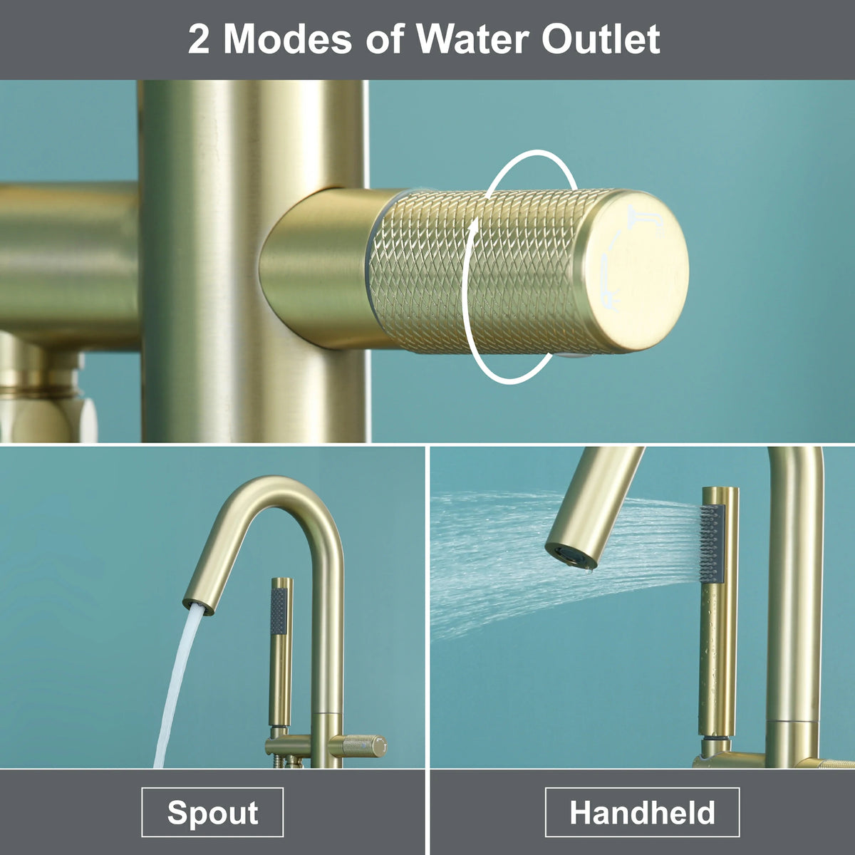 3-Handle Aerated Spout Freestanding Bathtub Faucet with Hand Shower in Brushed Gold