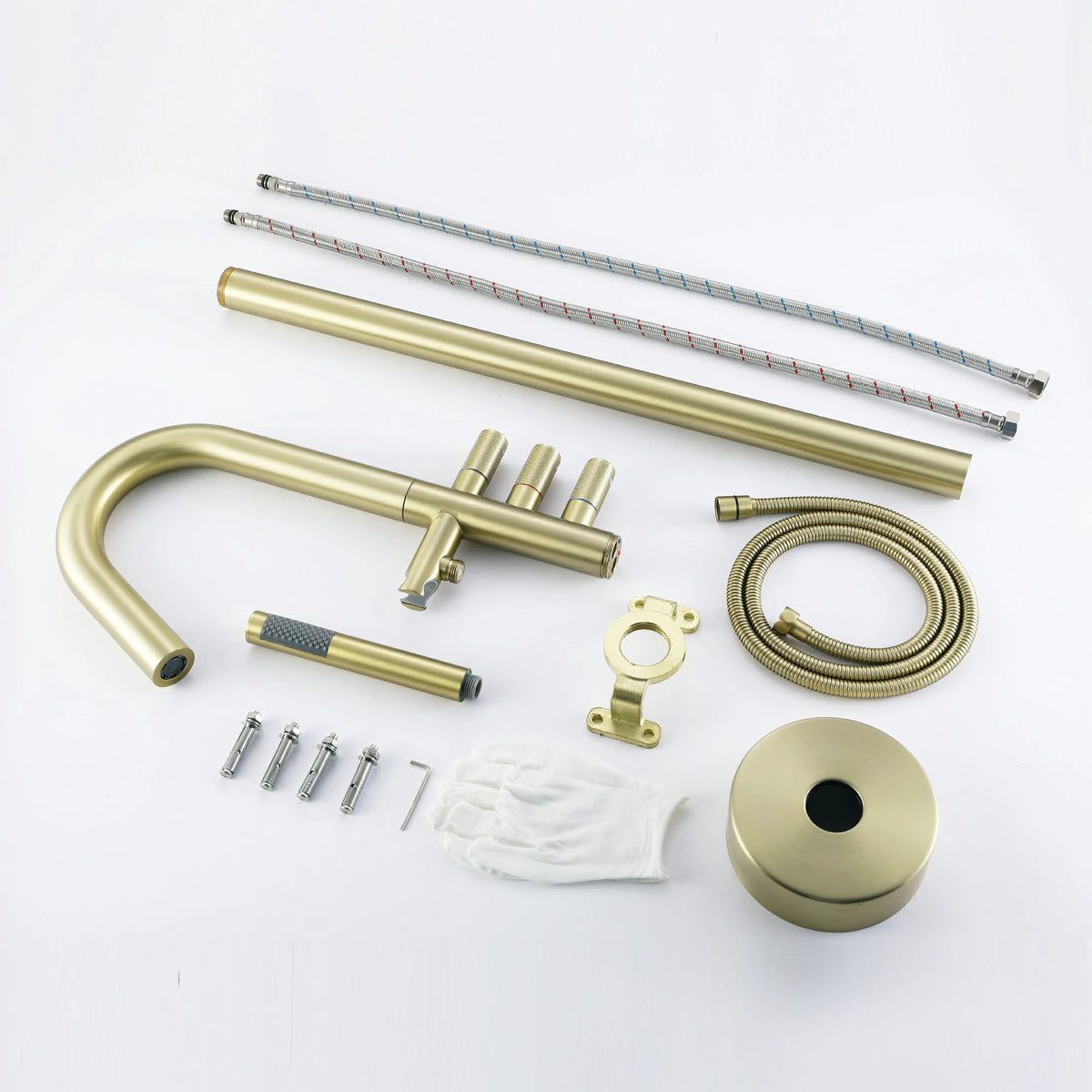 3-Handle Aerated Spout Freestanding Bathtub Faucet with Hand Shower in Brushed Gold