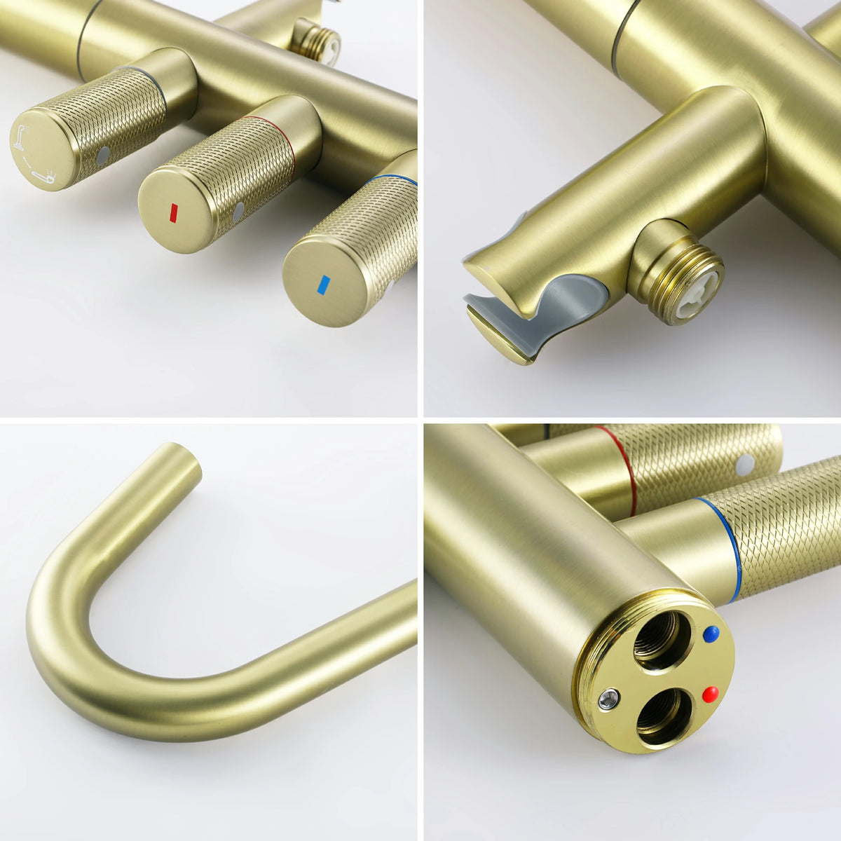 3-Handle Aerated Spout Freestanding Bathtub Faucet with Hand Shower in Brushed Gold