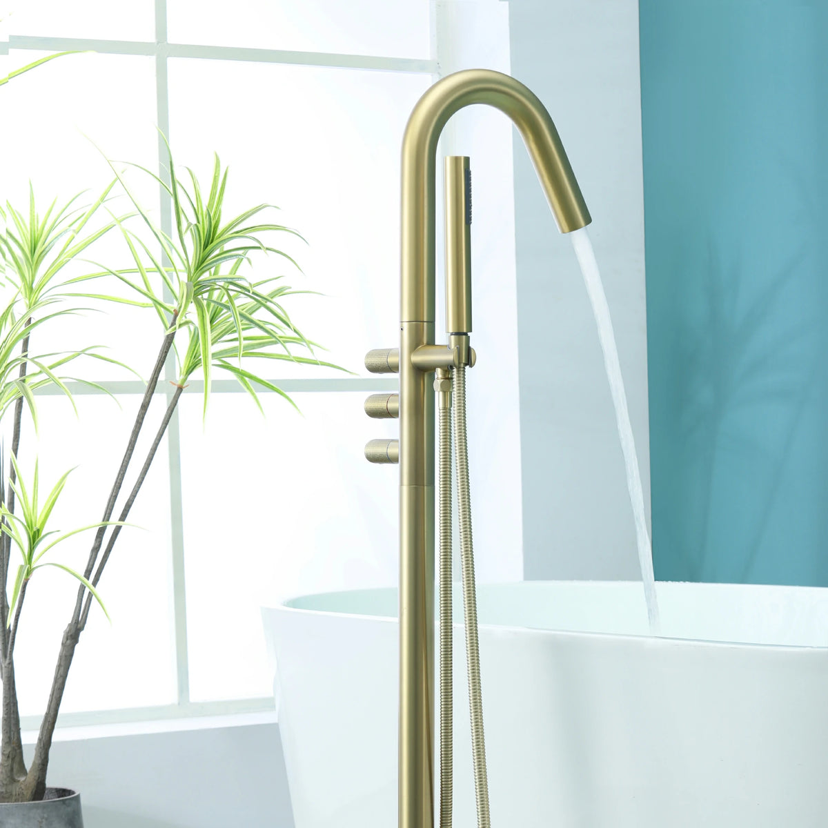 3-Handle Aerated Spout Freestanding Bathtub Faucet with Hand Shower in Brushed Gold