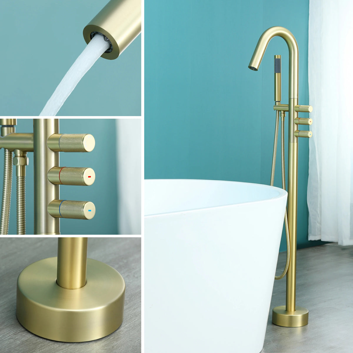 3-Handle Aerated Spout Freestanding Bathtub Faucet with Hand Shower in Brushed Gold