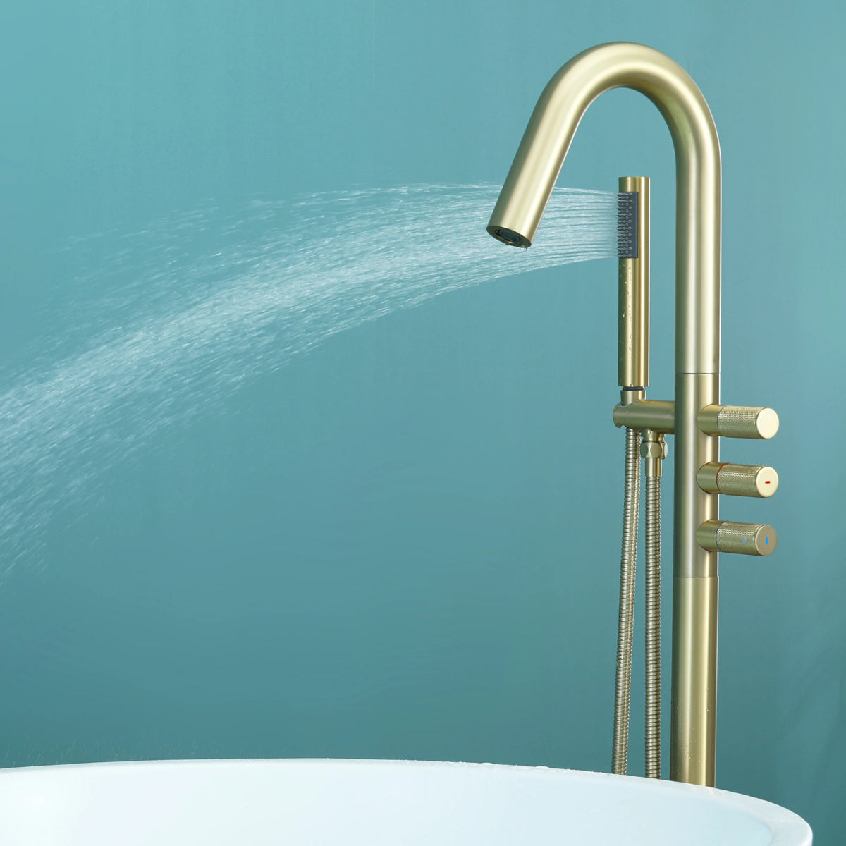 3-Handle Aerated Spout Freestanding Bathtub Faucet with Hand Shower in Brushed Gold