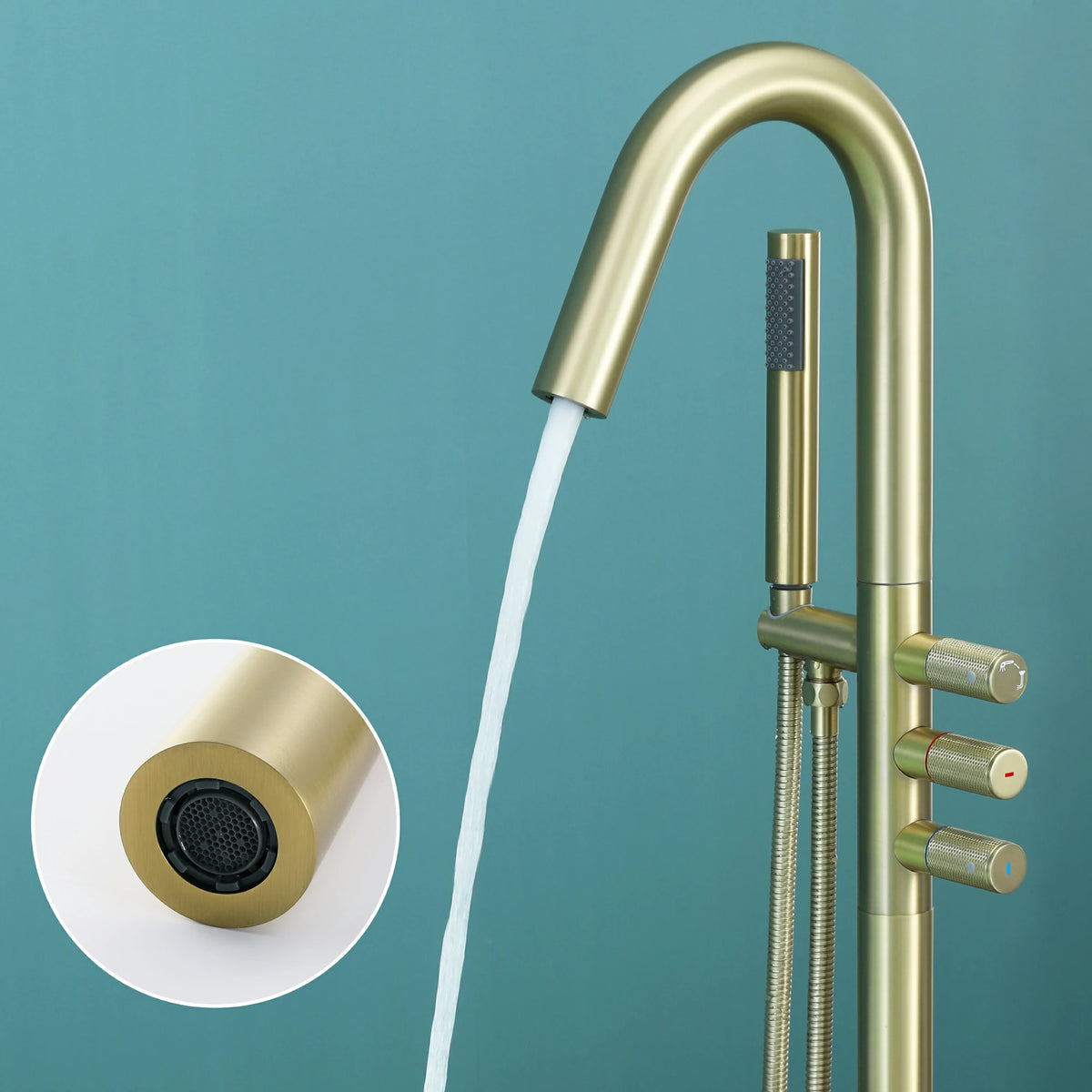 3-Handle Aerated Spout Freestanding Bathtub Faucet with Hand Shower in Brushed Gold
