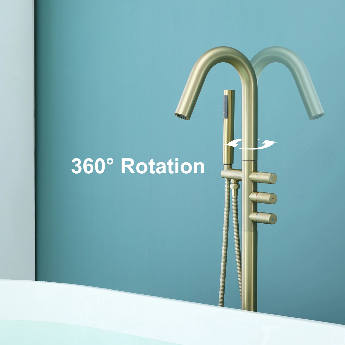 3-Handle Aerated Spout Freestanding Bathtub Faucet with Hand Shower in Brushed Gold