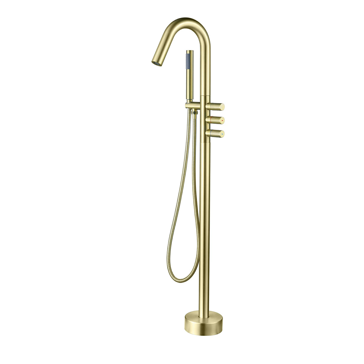 3-Handle Aerated Spout Freestanding Bathtub Faucet with Hand Shower in Brushed Gold
