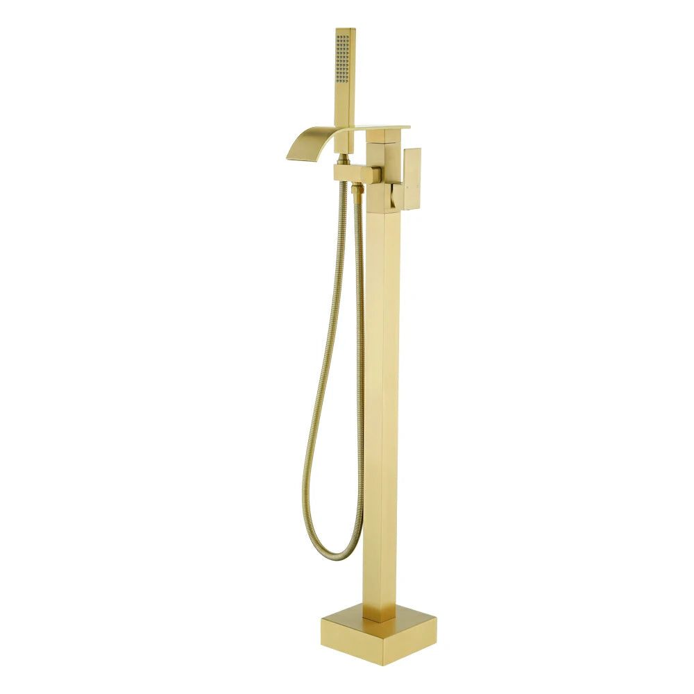 360° Swivel Waterfall Freestanding Bathtub Faucet with Hand Shower in Brushed Gold