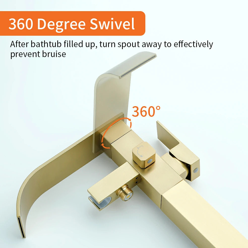 360° Swivel Waterfall Freestanding Bathtub Faucet with Hand Shower in Brushed Gold