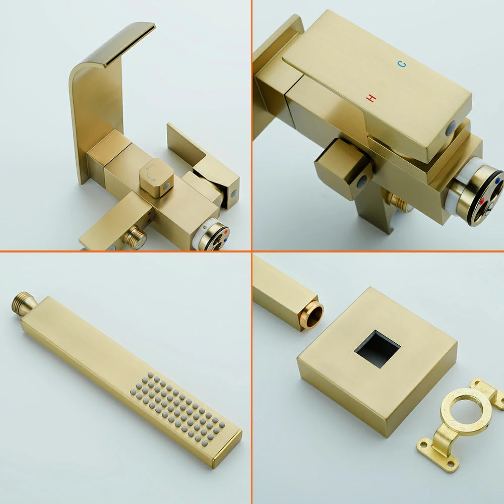360° Swivel Waterfall Freestanding Bathtub Faucet with Hand Shower in Brushed Gold