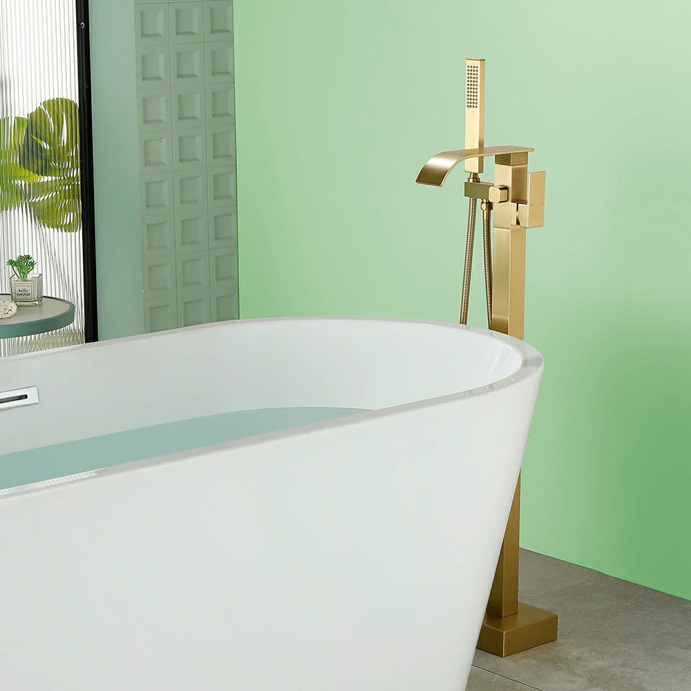 360° Swivel Waterfall Freestanding Bathtub Faucet with Hand Shower in Brushed Gold