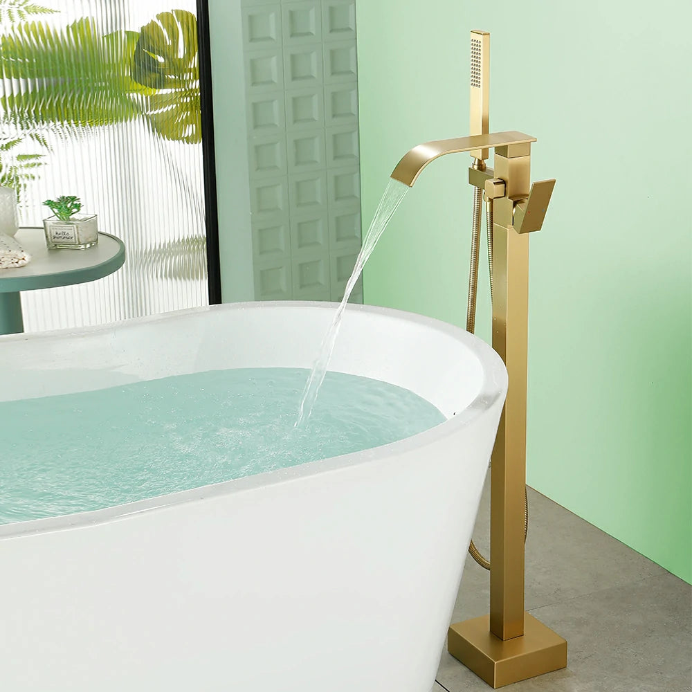 360° Swivel Waterfall Freestanding Bathtub Faucet with Hand Shower in Brushed Gold